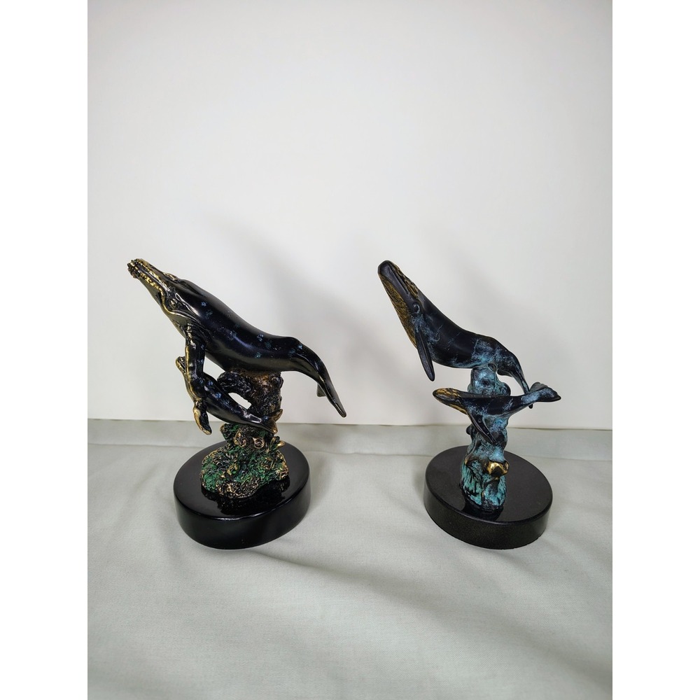 2 x SPI Gallery Brass & Bronze HUMPBACK WHALE Art Sculpture Mama & Calf Statue